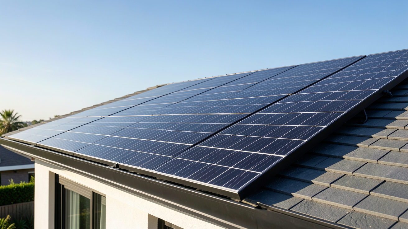 photovoltaïque monocristallin noir installé sur le toit d'une maison contemporaine