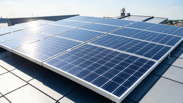 photovoltaique monocristallin ou polycristallin installé sur le toit d'une maison contemporaine.