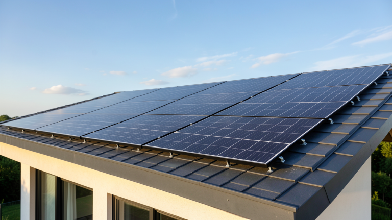 photovoltaïque monocristallin noir installé sur le toit d'une maison contemporaine