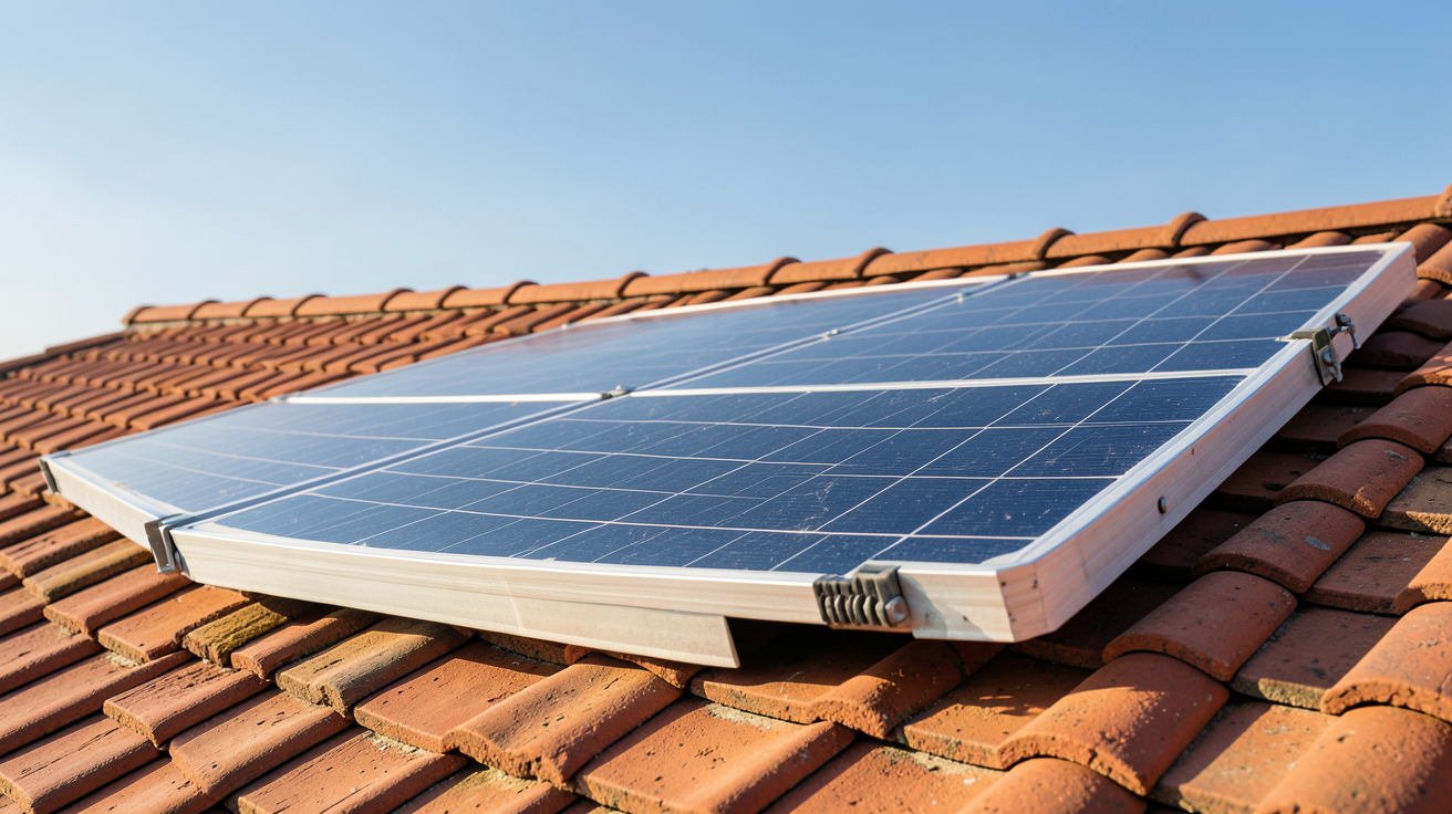photovoltaique occasion : panneau solaire d'occasion installé sur un toit en tuiles rouges avec analyse de coût