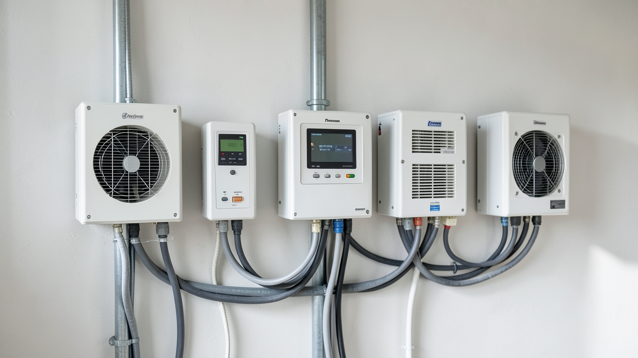 photovoltaique onduleur présentant les cinq types d'onduleurs solaires alignés dans une installation technique