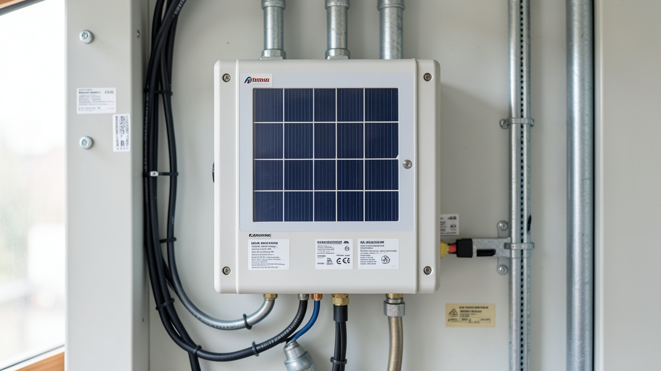 photovoltaique onduleur installé dans un local technique avec des câbles organisés et des étiquettes techniques