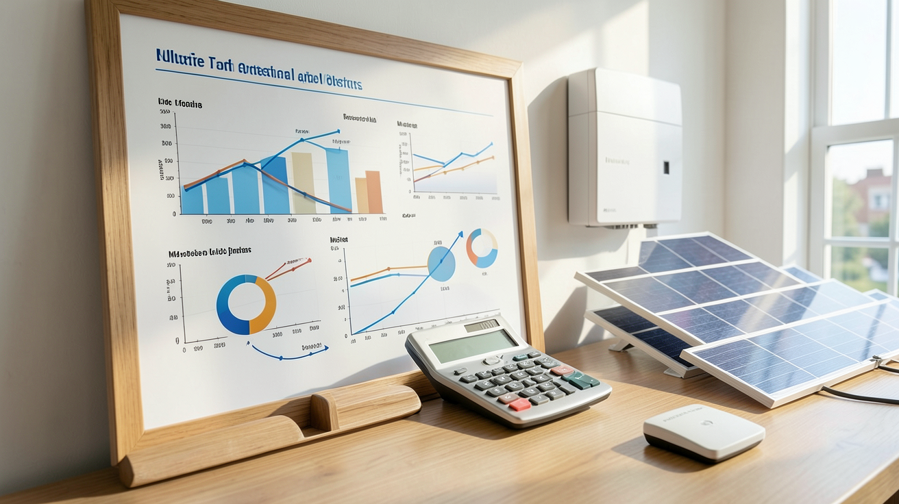 photovoltaique onduleur ou micro onduleur montrant un tableau d'analyse financière avec graphiques et calculatrice
