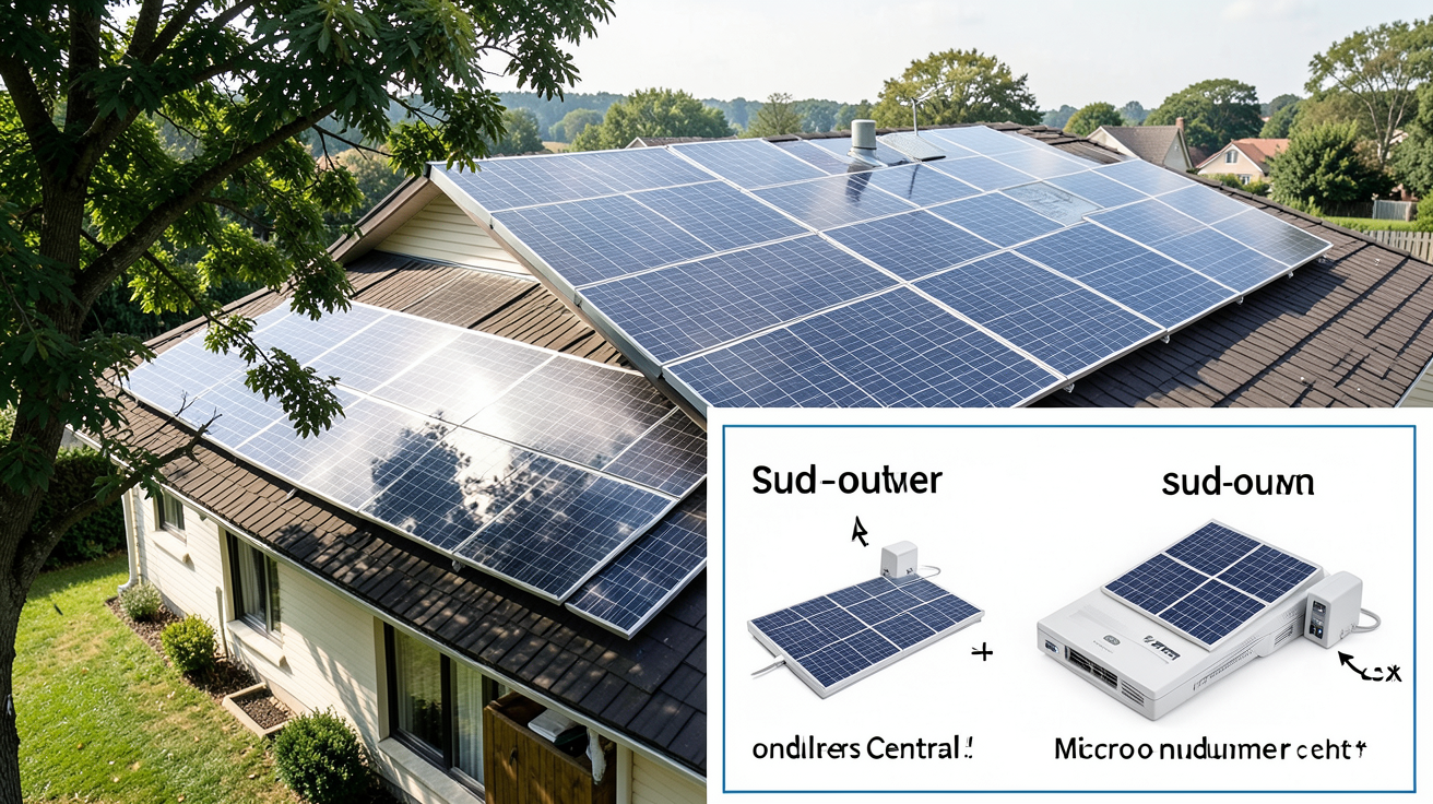photovoltaique onduleur ou micro onduleur : toiture avec panneaux photovoltaïques partiellement ombragés, orientation sud-ouest visible, illustrant les critères de décision liés à l'ombrage, l'orientation et la taille de l'installation