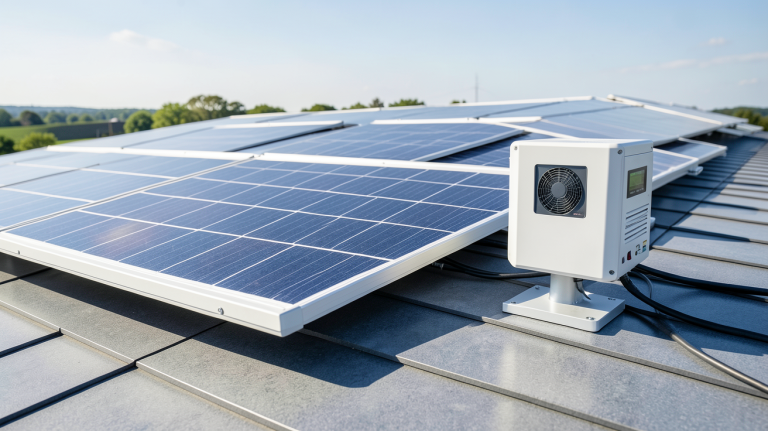 photovoltaique onduleur ou micro onduleur installé sur un toit de panneaux solaires sous un ciel clair