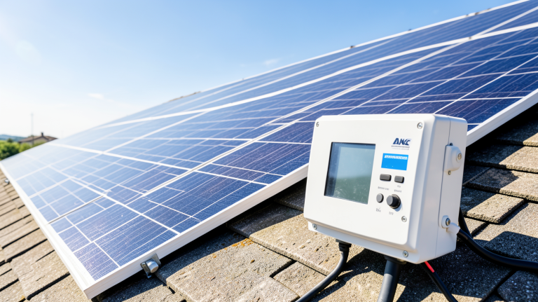 photovoltaique onduleur installé à côté de panneaux solaires sur un toit sous la lumière du jour