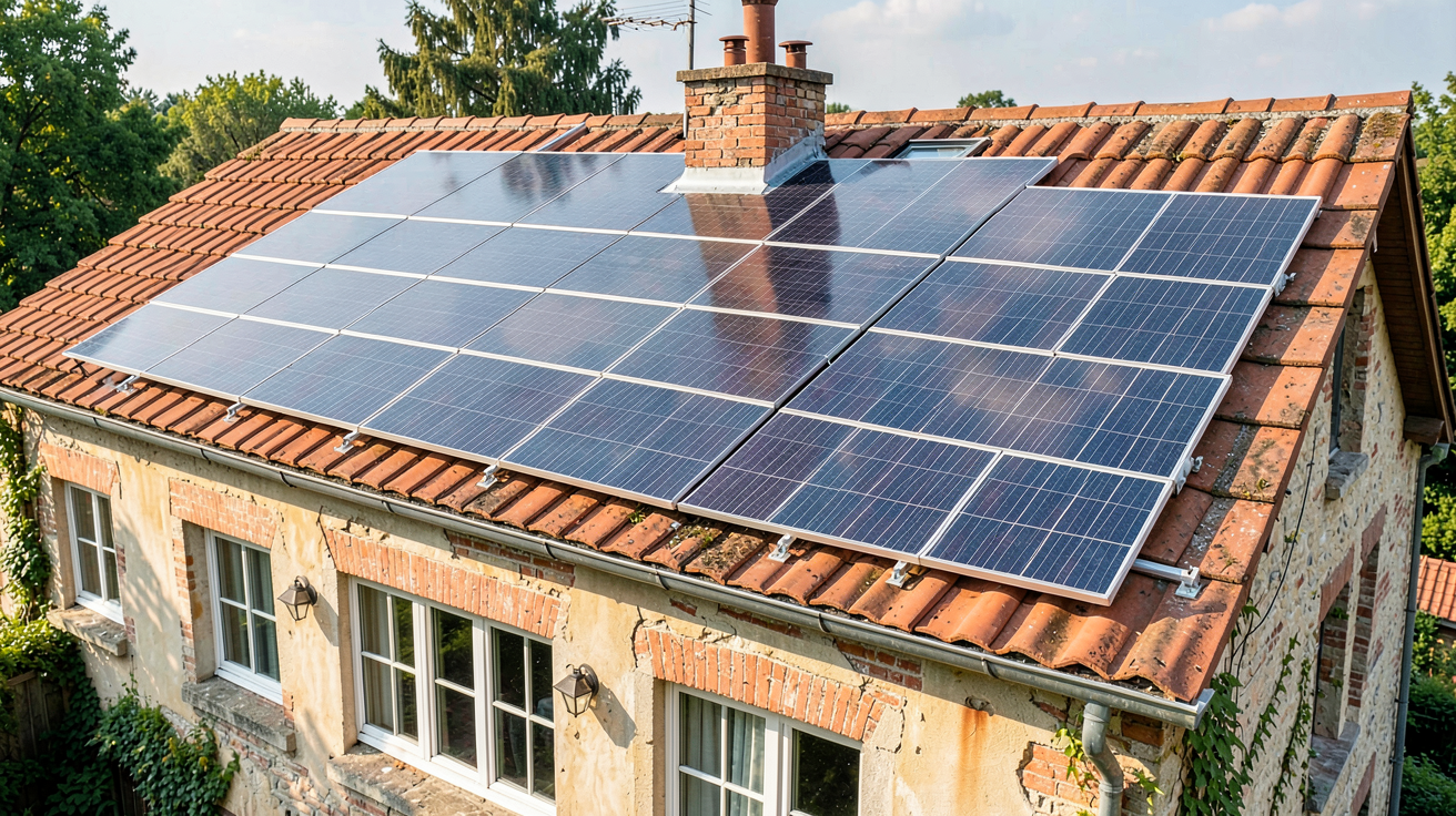 photovoltaïque organique intégré en rénovation sur une toiture en tuiles et une façade vitrée d'une maison
