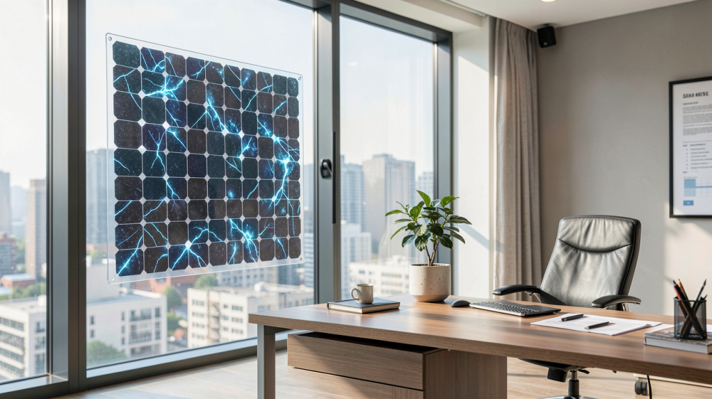 photovoltaïque organique transparent intégré dans une fenêtre de bureau moderne