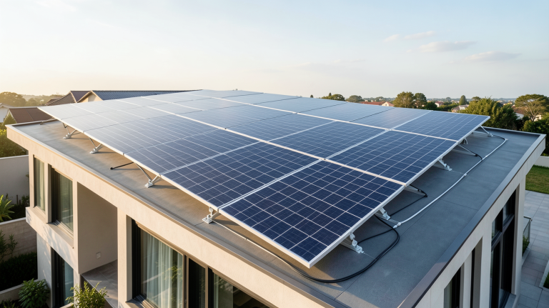 photovoltaique ou panneau solaire installé sur le toit d'une maison contemporaine