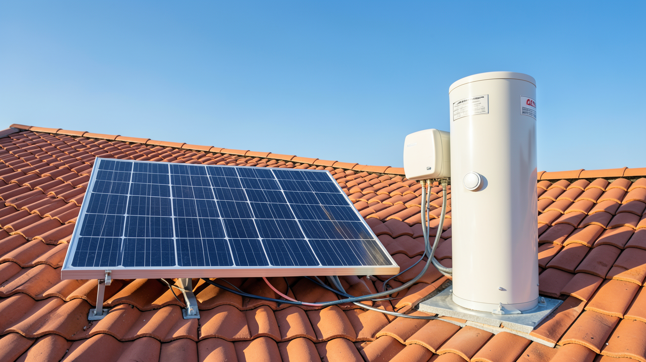 photovoltaïque ou solaire : panneau photovoltaïque et chauffe-eau solaire installés sur un toit de maison moderne