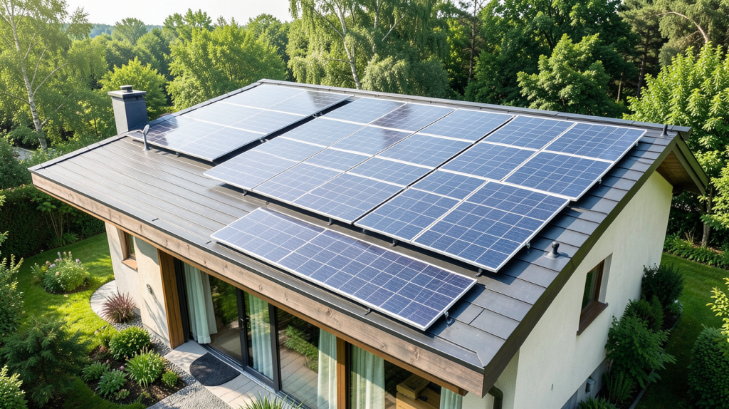 photovoltaïque ou solaire panneaux solaires installés sur le toit d'une maison verte