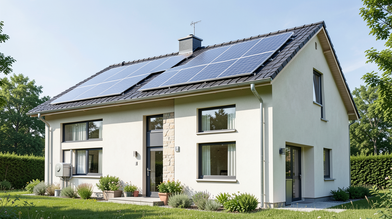 photovoltaïque ou solaire maison individuelle rénovée avec panneaux photovoltaïques intégrés et système solaire combiné, vue extérieure réaliste