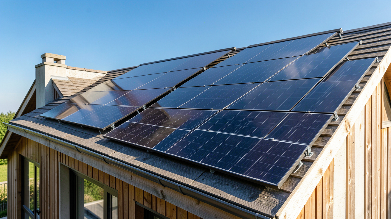 photovoltaïque ou solaire représentant les différents types de panneaux installés sur le toit d'une maison moderne