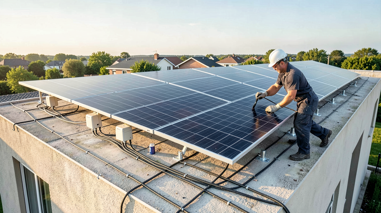 photovoltaique panneaux installation en cours sur un toit de maison avec un professionnel en action