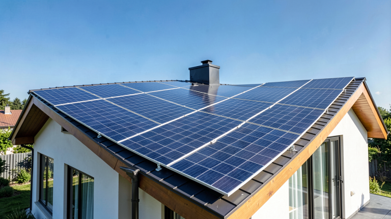 photovoltaique installé sur le toit d'une maison résidentielle moderne sous le soleil