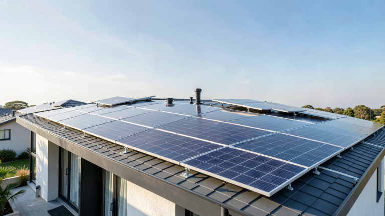 photovoltaïque panneaux solaires installés sur le toit d'une maison moderne sous un ciel dégagé
