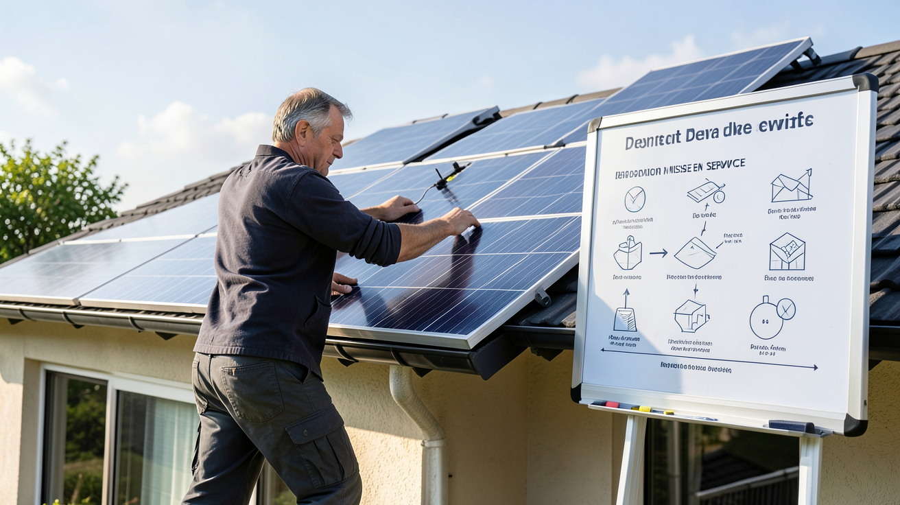 photovoltaïque particulier particulier montrant les étapes d'installation du devis à la mise en service sur une résidence privée