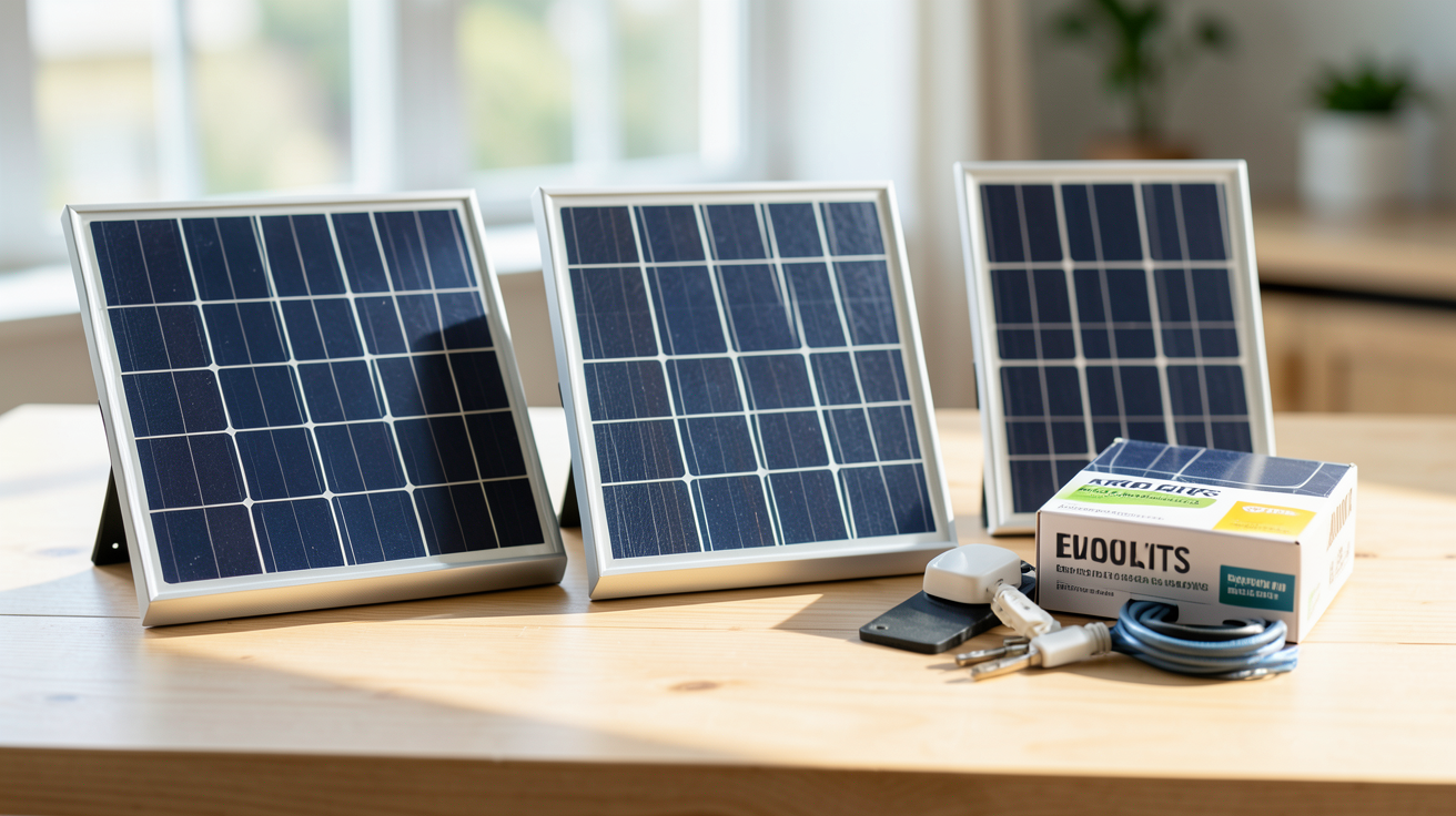 photovoltaïque pas cher différents types de kits photovoltaïques économiques exposés sur une table en bois