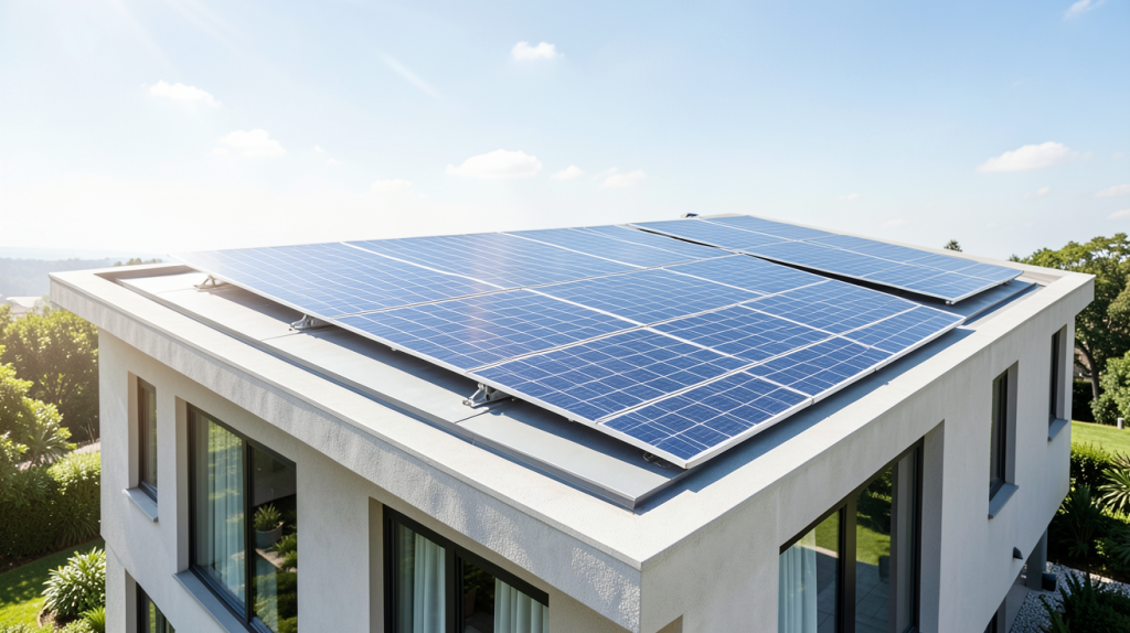 photovoltaïque pas cher installé sur le toit d'une maison résidentielle sous un ciel bleu