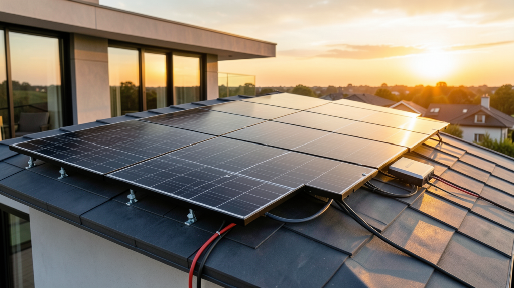 photovoltaique plug and play installé sur le toit d'une maison contemporaine avec panneaux solaires noirs