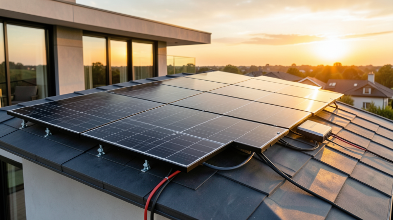 photovoltaique plug and play installé sur le toit d'une maison contemporaine avec panneaux solaires noirs