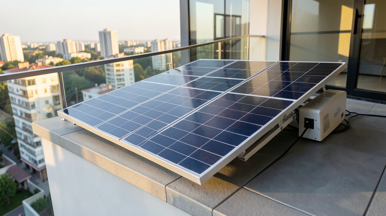 photovoltaique plug and play kit solaire installé sur un balcon avec des panneaux compacts et un micro-onduleur