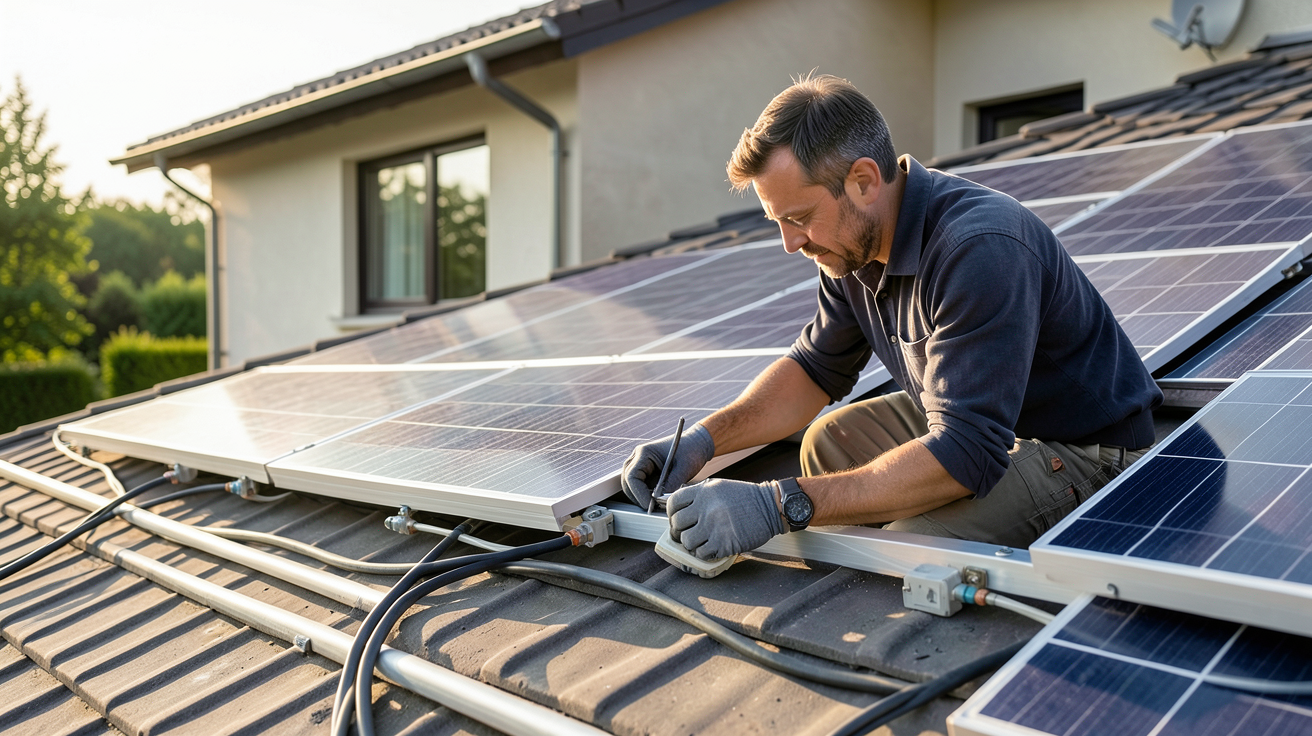 photovoltaique pour les nuls : technicien installant des panneaux solaires sur un toit avec des rails de fixation