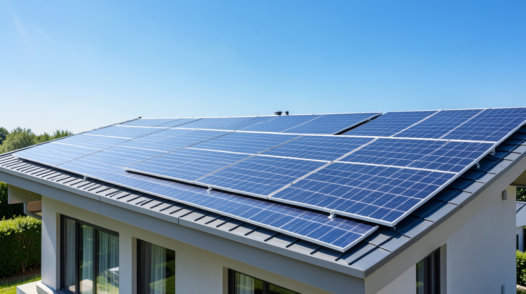 photovoltaique pour les nuls illustré par des panneaux solaires sur un toit de maison moderne