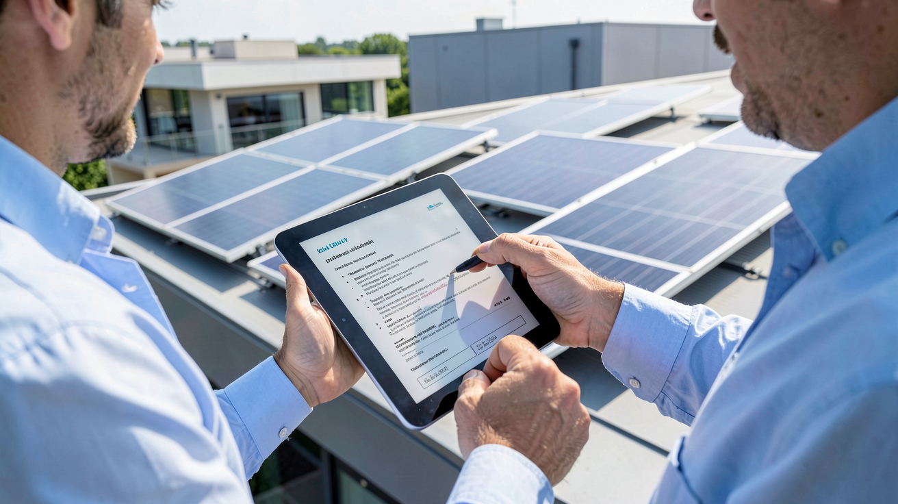 photovoltaïque prix illustré par un expert présentant un devis solaire sur une tablette numérique.