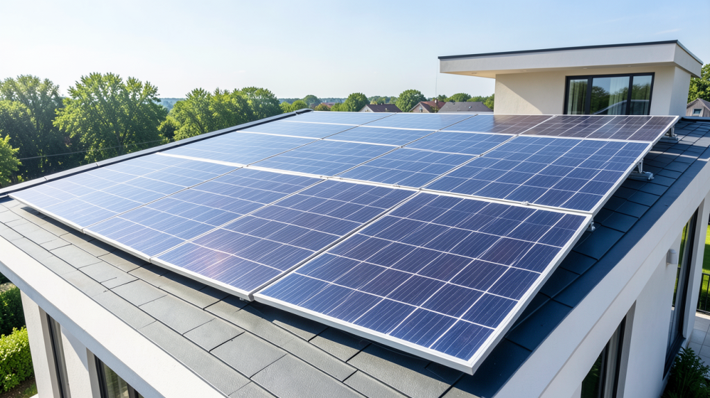 photovoltaique prix m2 illustré par une installation de panneaux solaires sur le toit d'une maison contemporaine
