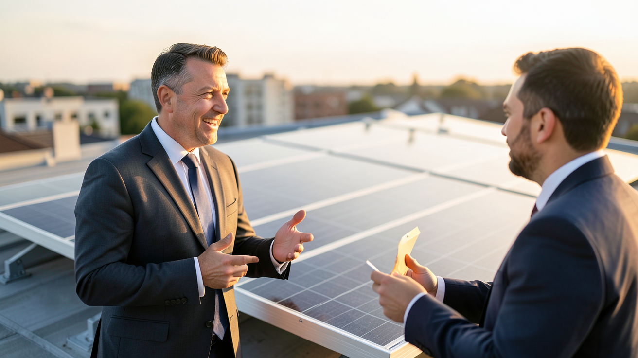 photovoltaique professionnel discutant avec un client devant un panneau solaire sur un toit d'entreprise