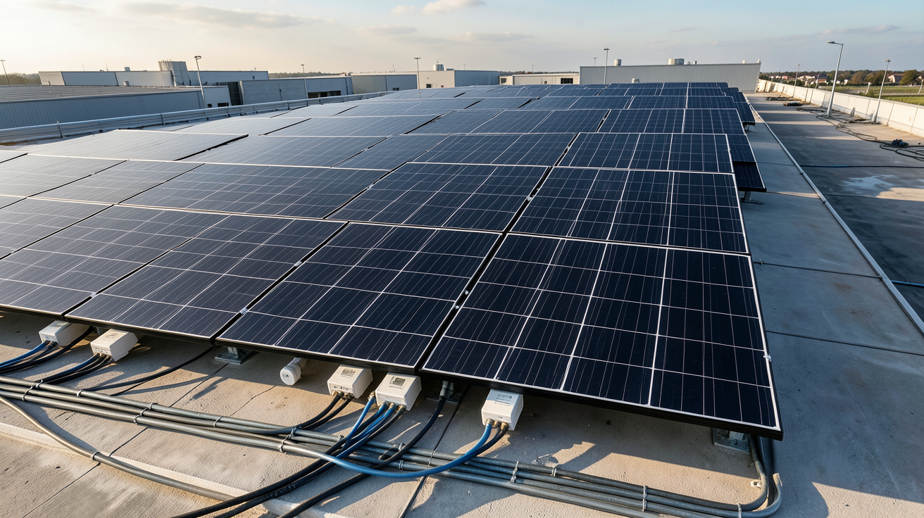 photovoltaïque professionnel installé sur un toit industriel avec des panneaux solaires noirs