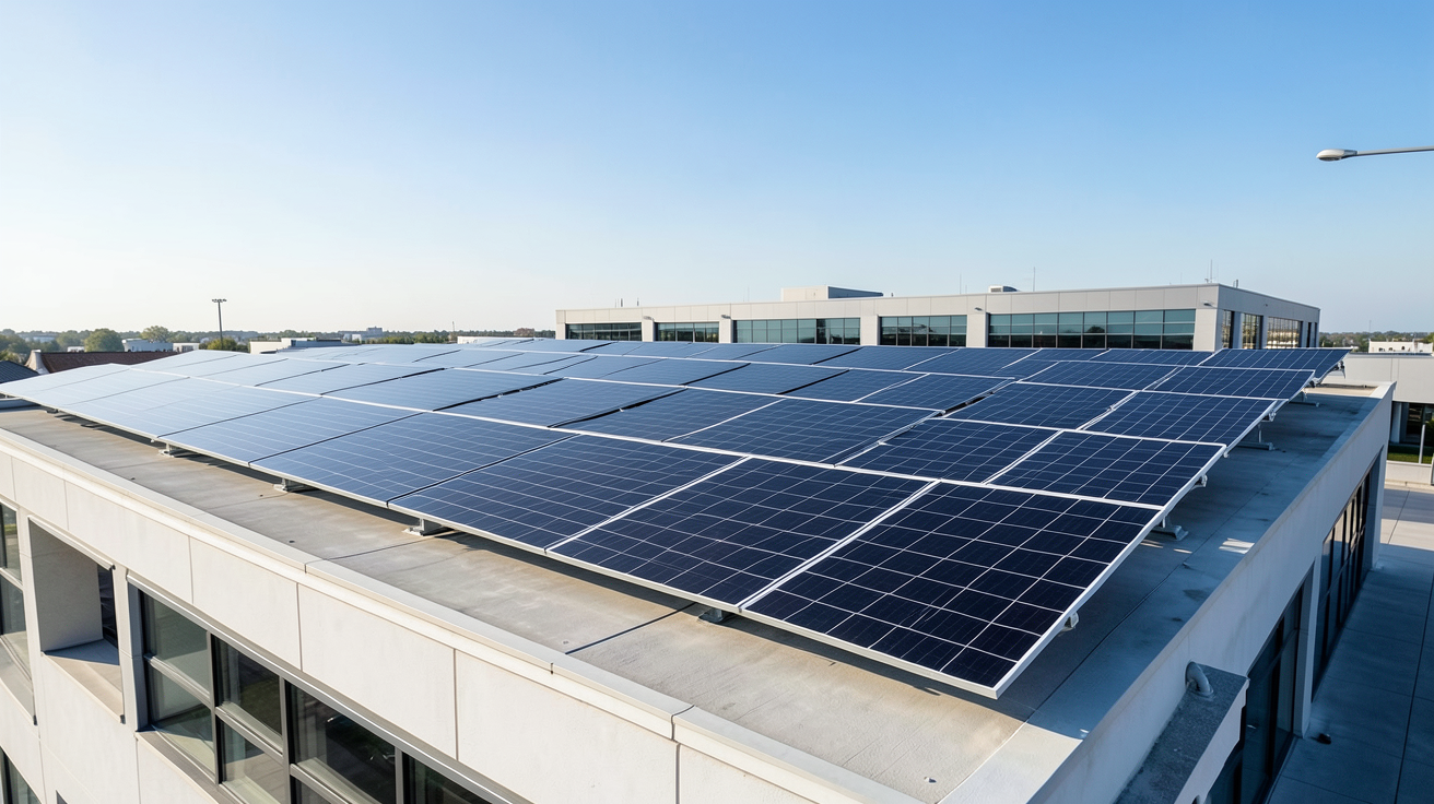 photovoltaique professionnel en tiers-investissement installé sur le toit d'une entreprise moderne avec des panneaux solaires noirs alignés sous un ciel dégagé