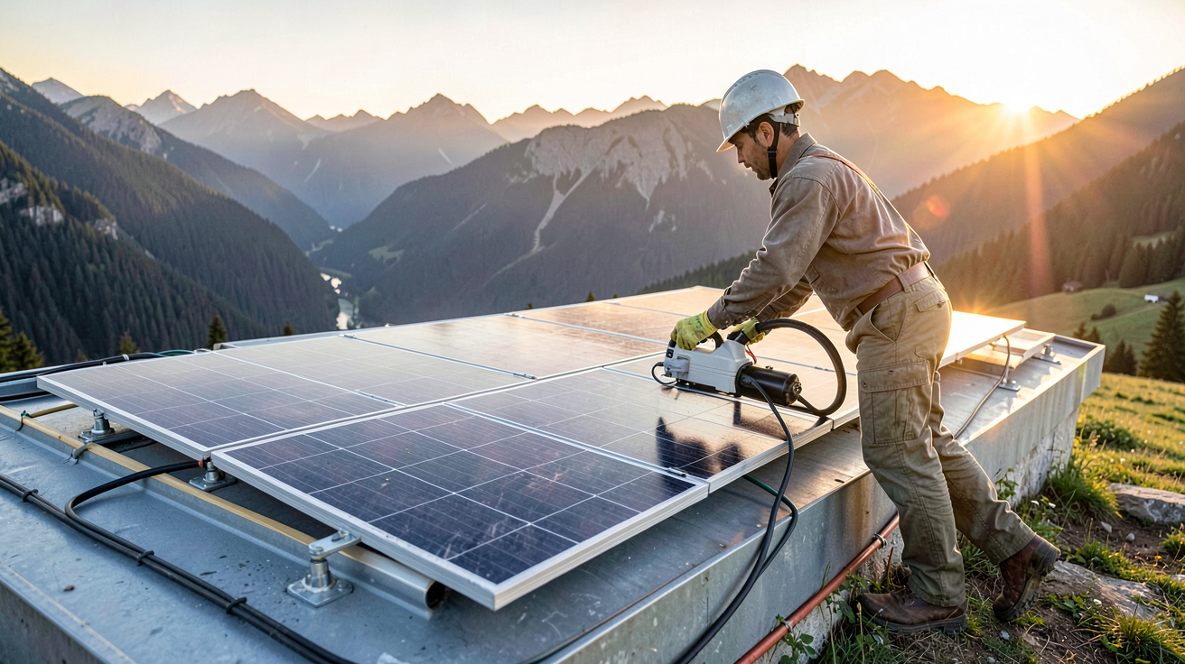 photovoltaique site isolé : technicien installant des panneaux solaires sur un toit isolé en montagne
