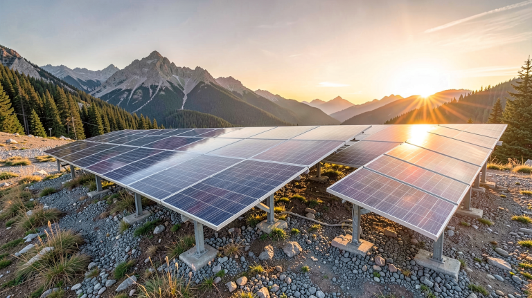 photovoltaique site isolé avec panneaux solaires en montagne sous un ciel dégagé