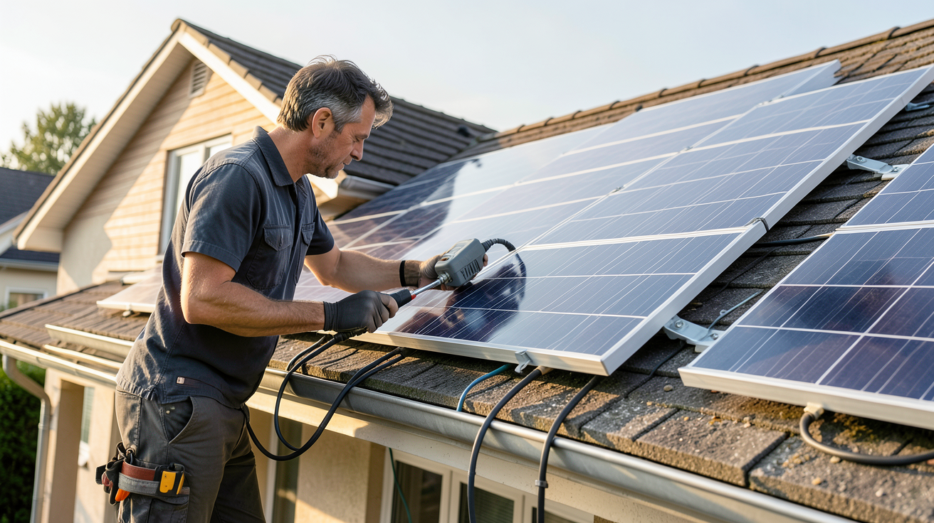 photovoltaique solaire : technicien installant des panneaux photovoltaïques sur le toit d'une maison