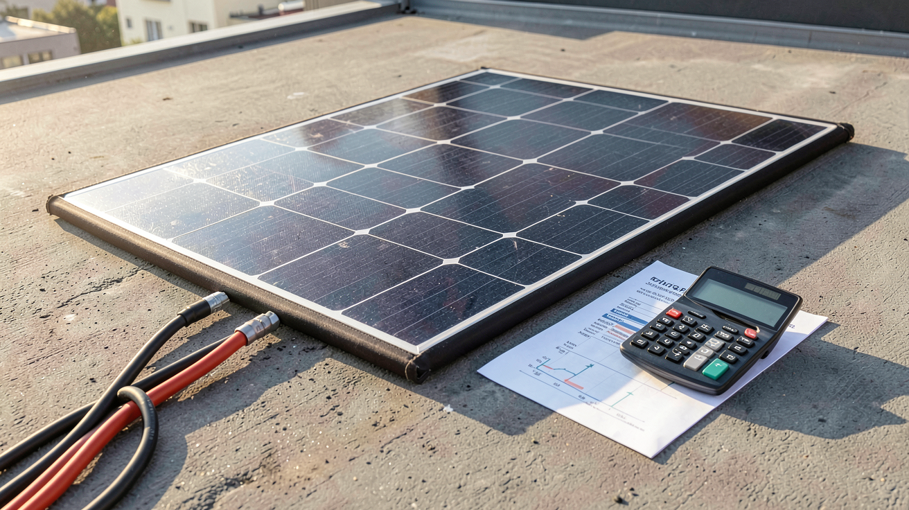 photovoltaïque souple installé sur un toit avec des documents financiers et une calculatrice pour illustrer les aides et la rentabilité