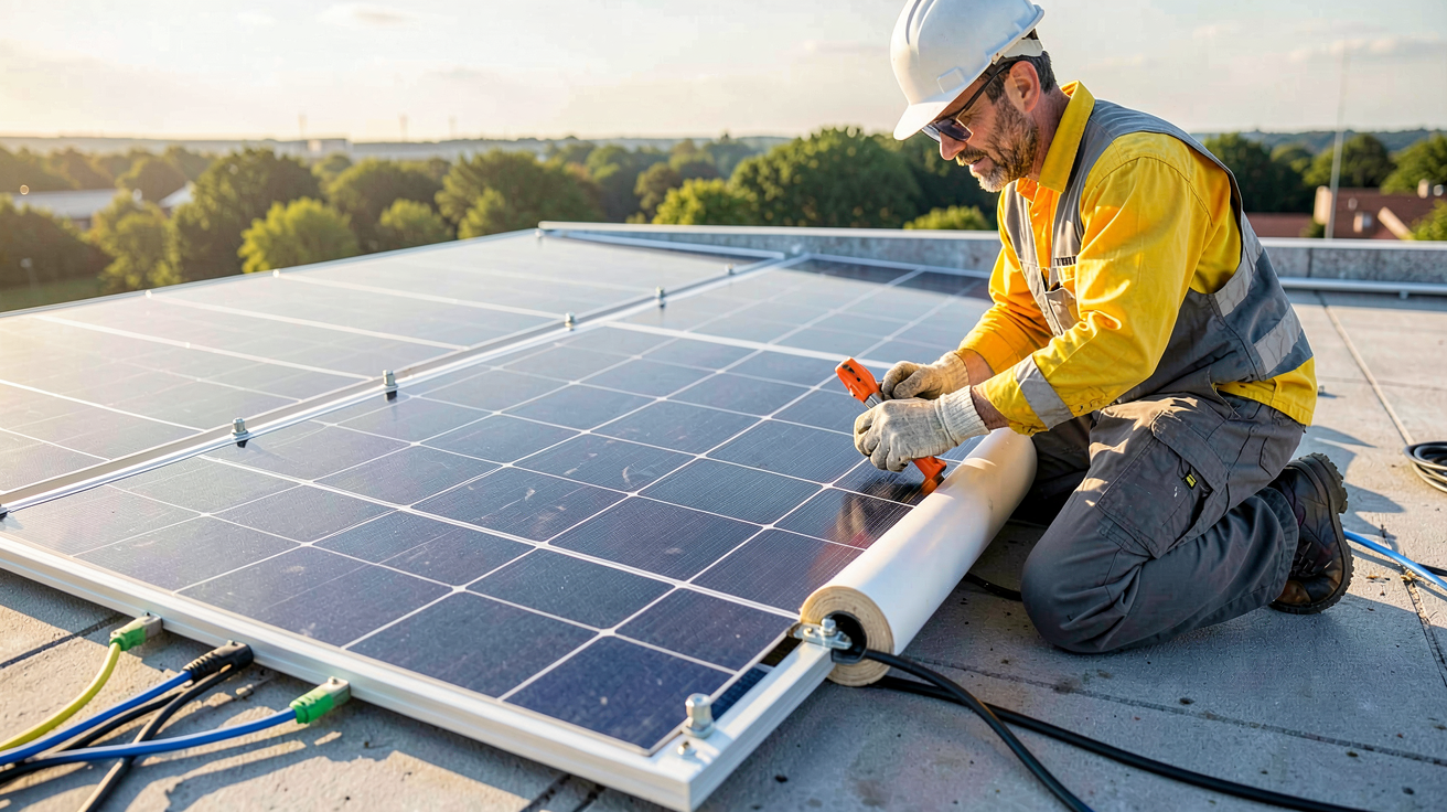 photovoltaïque souple installation étapes détaillées sur toit avec installateur professionnel