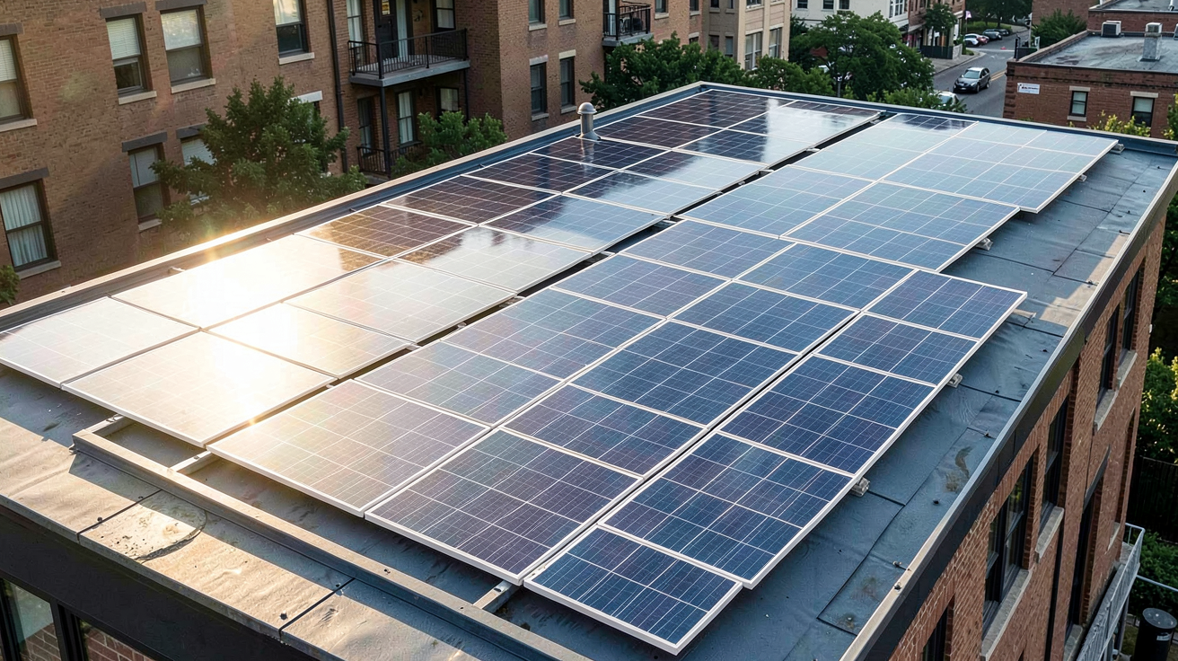 photovoltaique souple installé sur le toit d'une maison urbaine