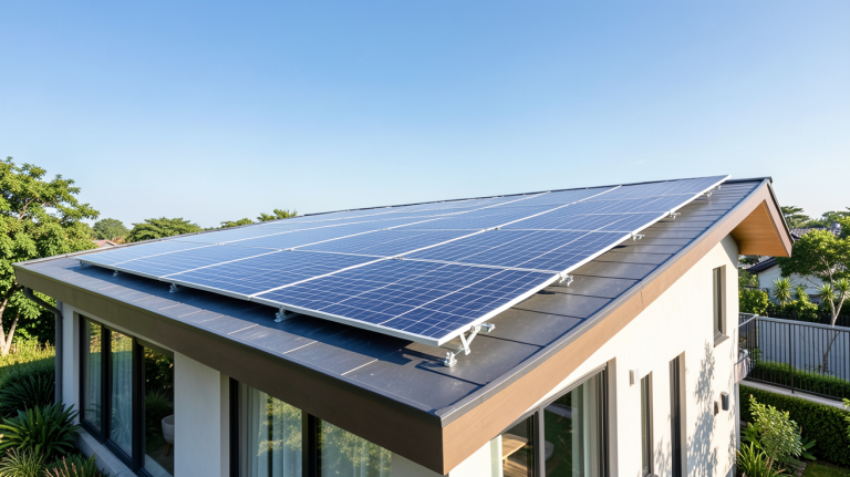 photovoltaique stockage virtuel illustré par des panneaux solaires installés sur une résidence moderne
