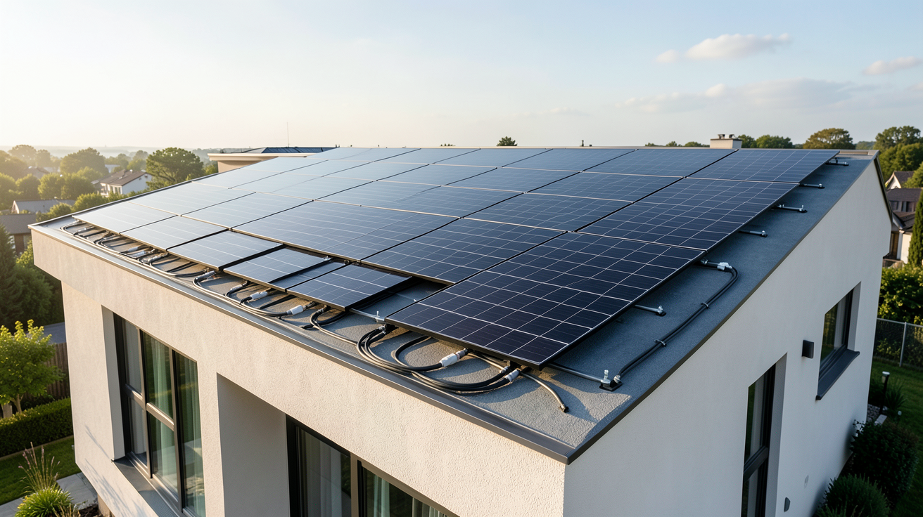 photovoltaique SunPower installation sur le toit d'une maison moderne avec panneaux noirs brillants