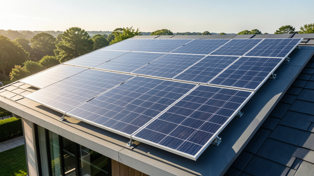 photovoltaique SunPower panneaux solaires installés sur le toit d'une maison moderne