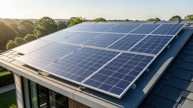photovoltaique SunPower panneaux solaires installés sur le toit d'une maison moderne