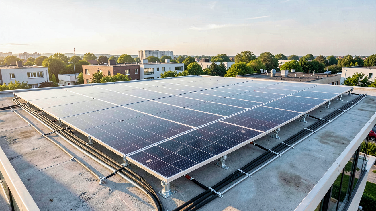 photovoltaïque sur toit plat avec panneaux solaires installés pour une installation étape par étape