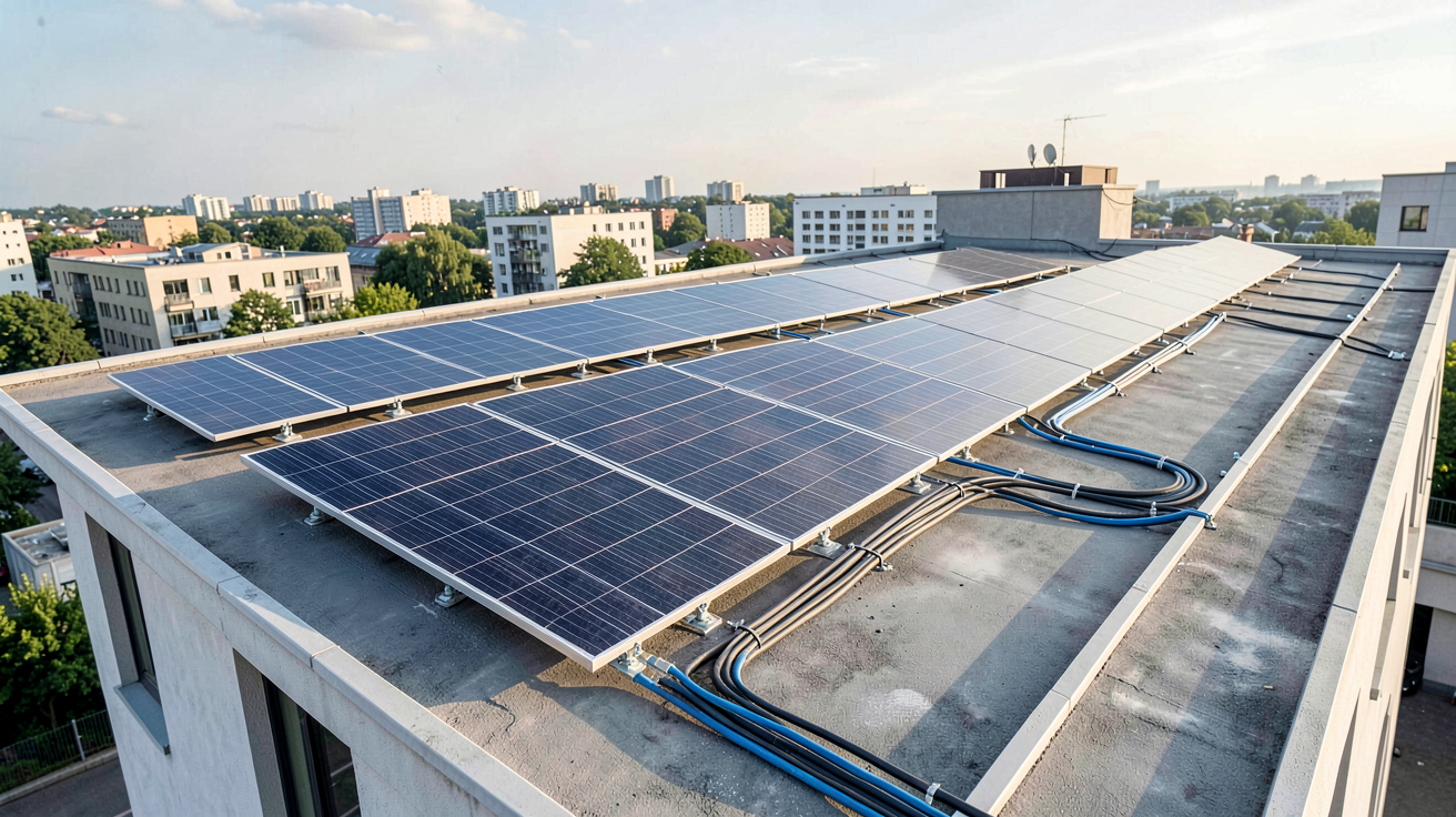 photovoltaïque sur toit plat d'une maison urbaine moderne avec installation de panneaux solaires