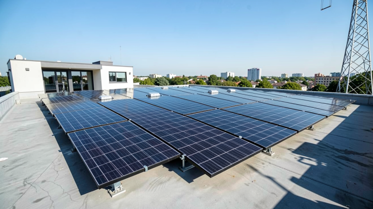 photovoltaïque sur toit plat d'une maison urbaine moderne avec panneaux solaires noirs alignés