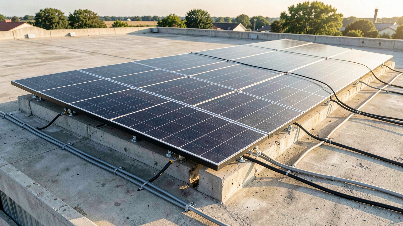 photovoltaïque sur toit plat avec panneaux solaires noirs fixés par lestage en béton
