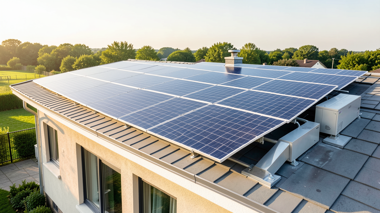 photovoltaïque thermique : installation complète sur toit avec panneaux hybrides et système de stockage