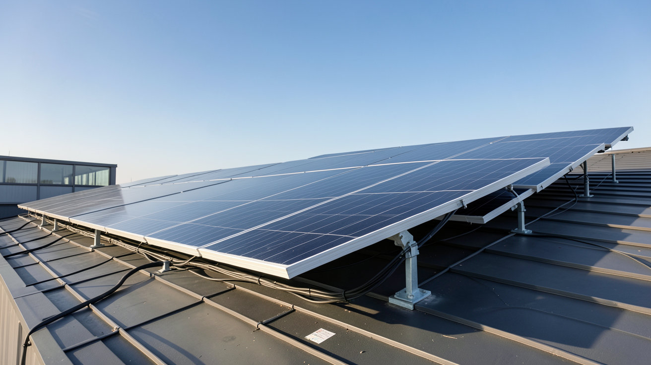 photovoltaïque sur toit plat avec panneaux noirs et supports de fixation, illustration des coûts et aides financières