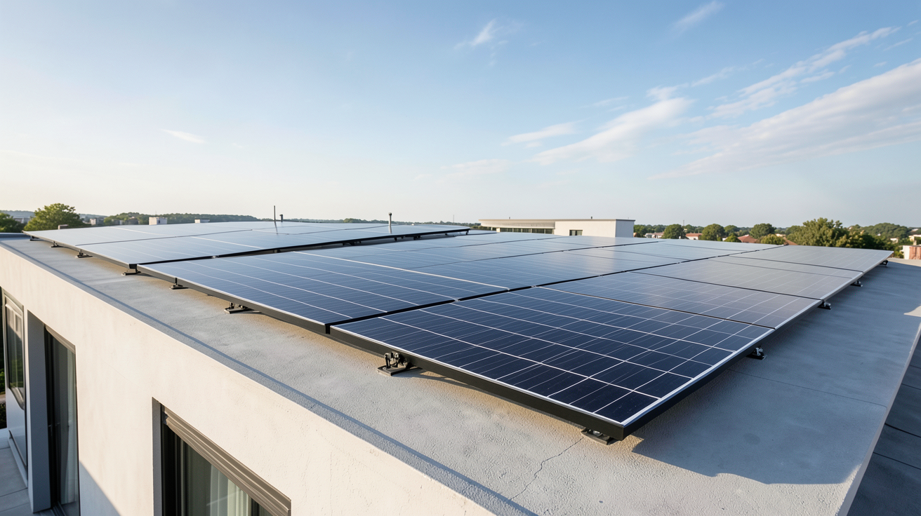 photovoltaique toit plat installation sur une maison contemporaine avec panneaux solaires noirs et gris alignés